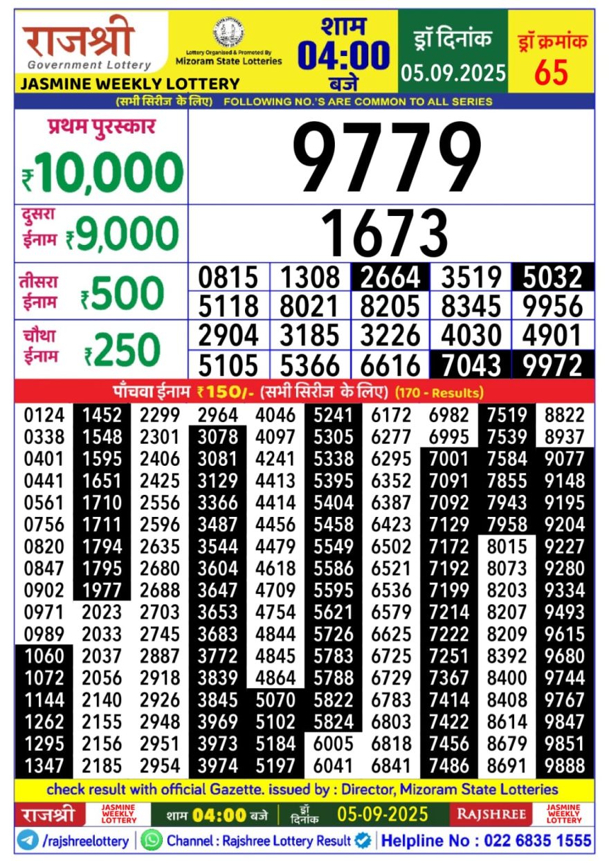 Rajshree jasmine Weekly Lottery 4pm Result 05.09.2025