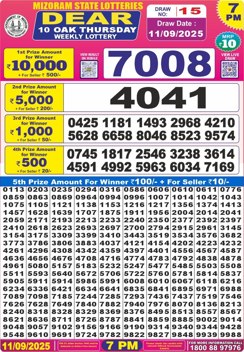 Dear 10 Oak 7pm Result 11.09.2025