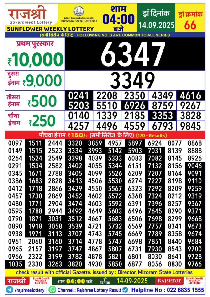 Rajshree Sunflower Sunday Weekly Lottery 4pm Result 14.09.2025