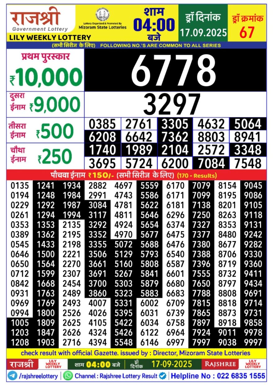 Rajshree Lily Wednesday Weekly Lottery 4pm Result 17.09.2025