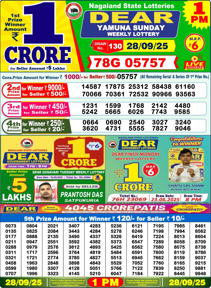 Dear Yamuna Sunday Weekly 1pm Result 28.09.2025