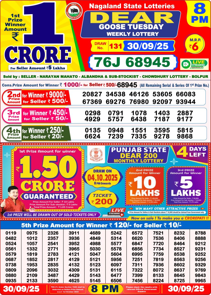 Dear Goose Weekly Lottery 8pm Result 30.09.2025