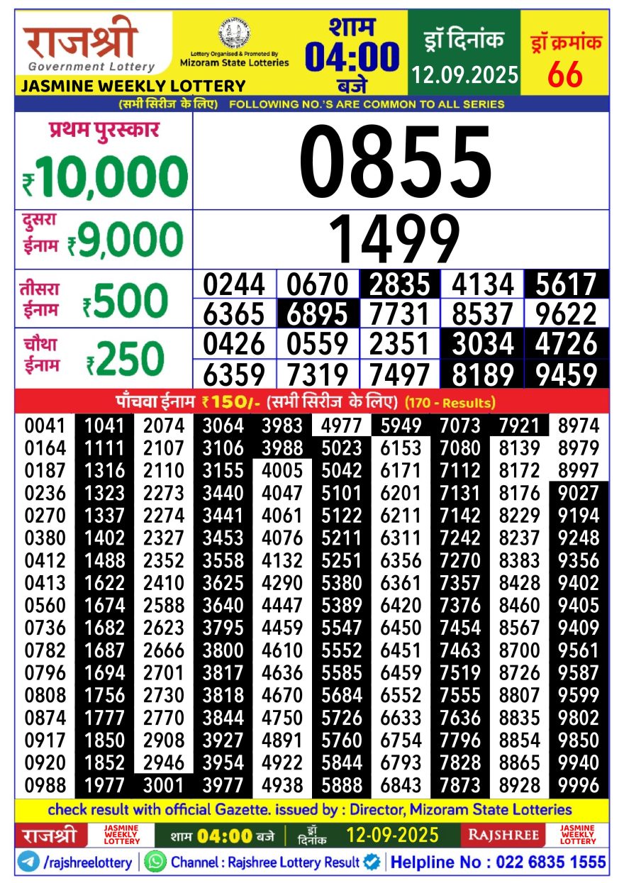 Rajshree jasmine Weekly Lottery 4pm Result 12.09.2025