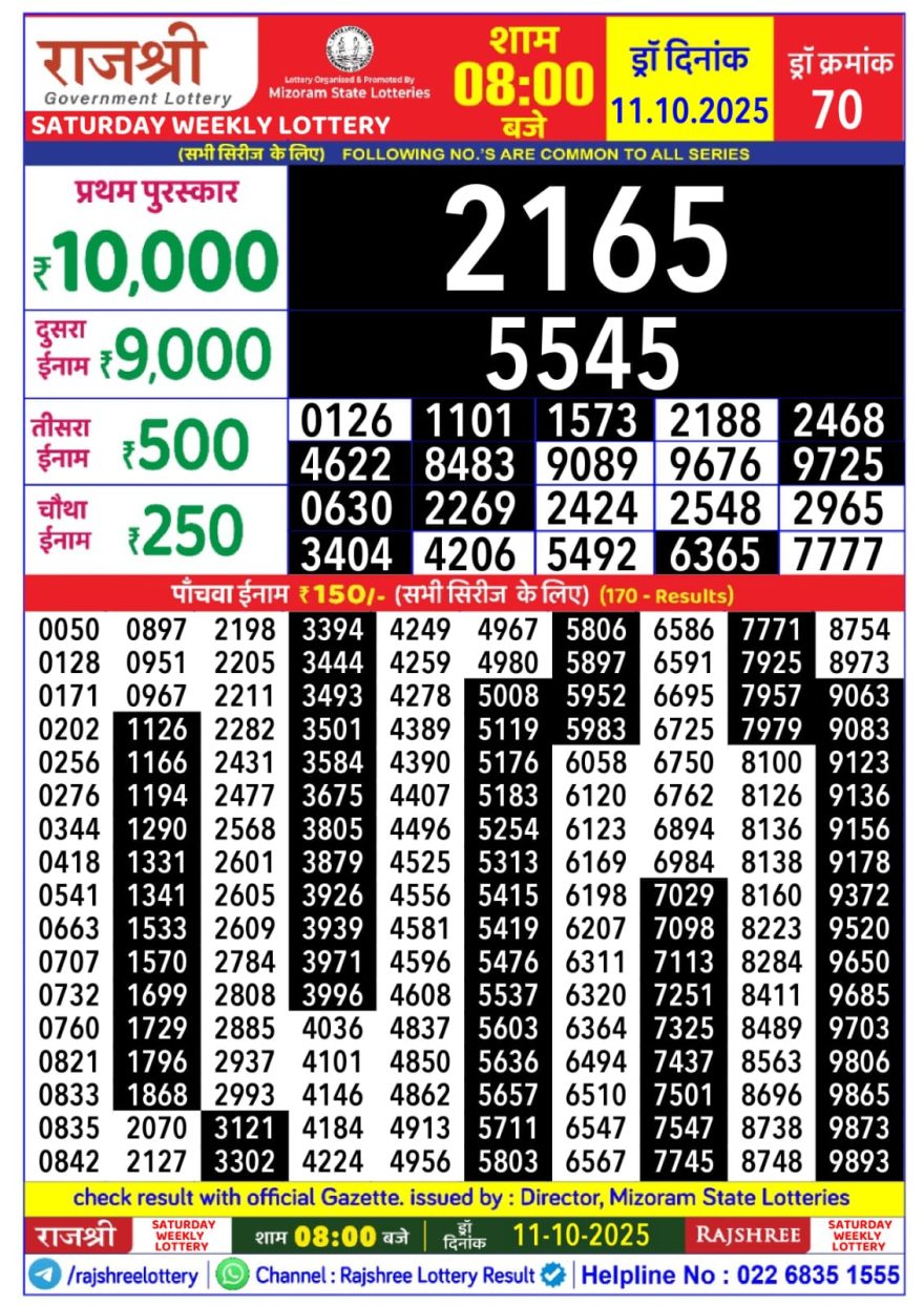 Rajshree Weekly Lottery 8pm Result 11.10.2025