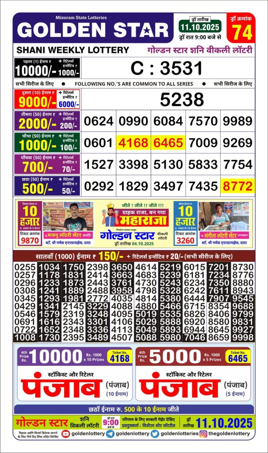 Golden Star Weekly Lottery Result 9pm 11.10.2025