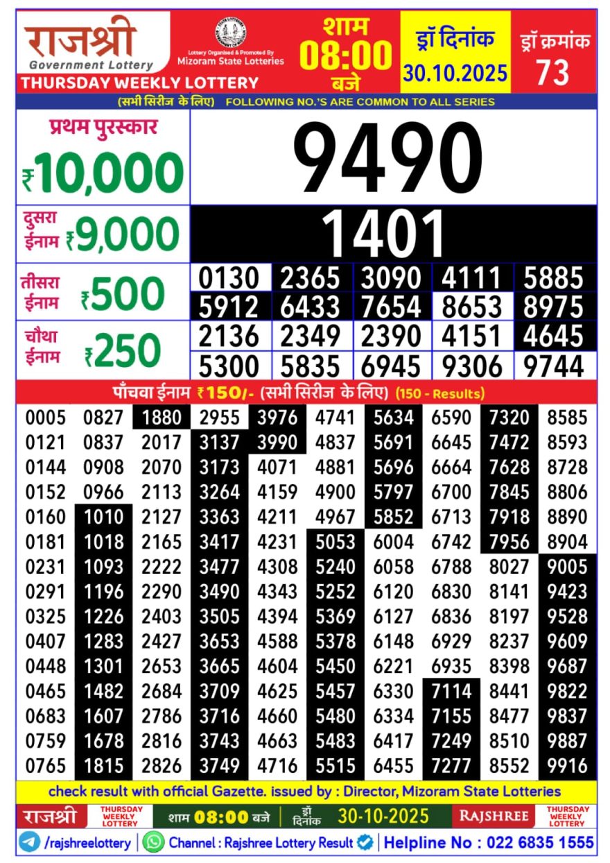 Rajshree Thursday Weekly Lottery 8pm Result 30.10.2025