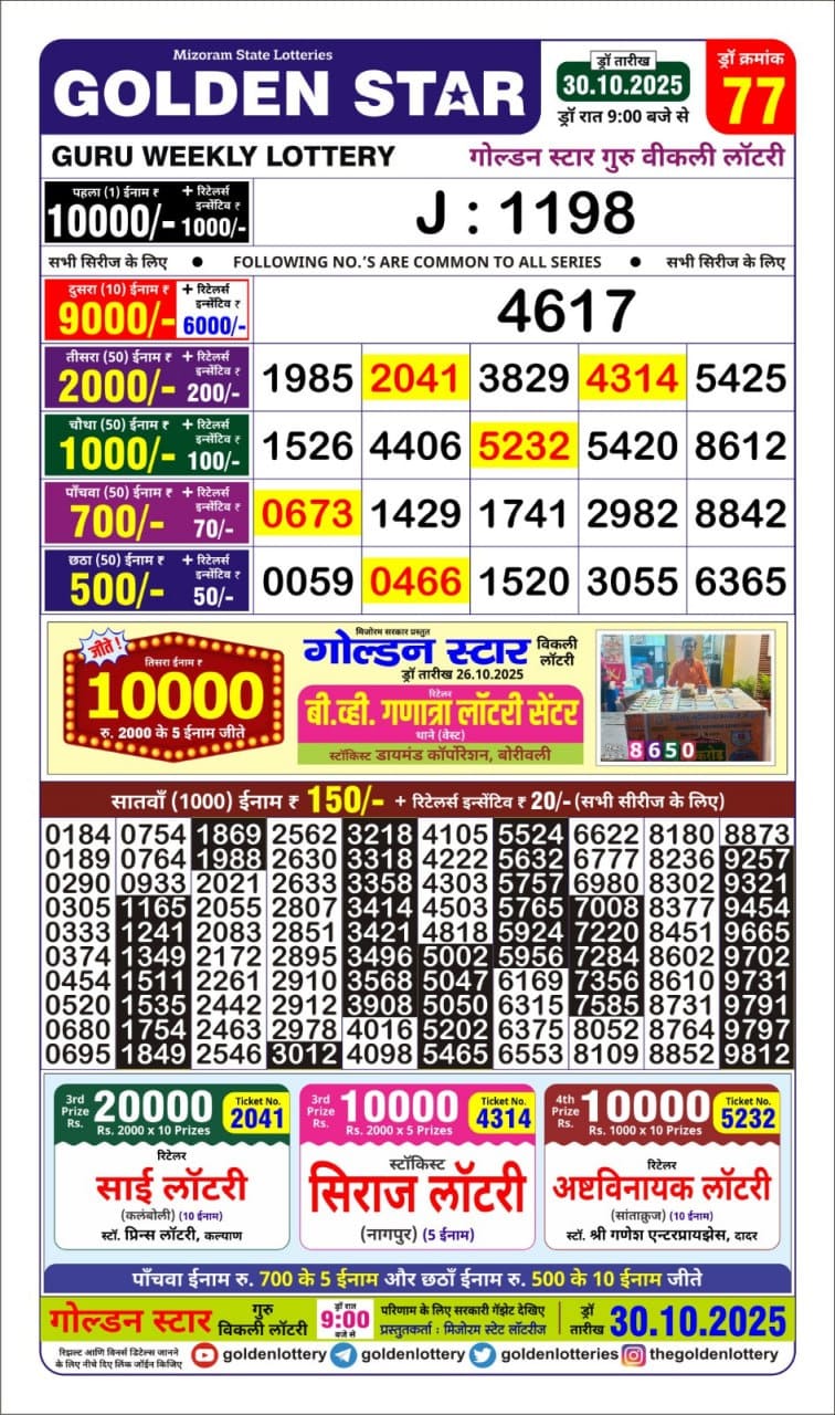 Golden Star Weekly Lottery Result 9pm 30.10.2025