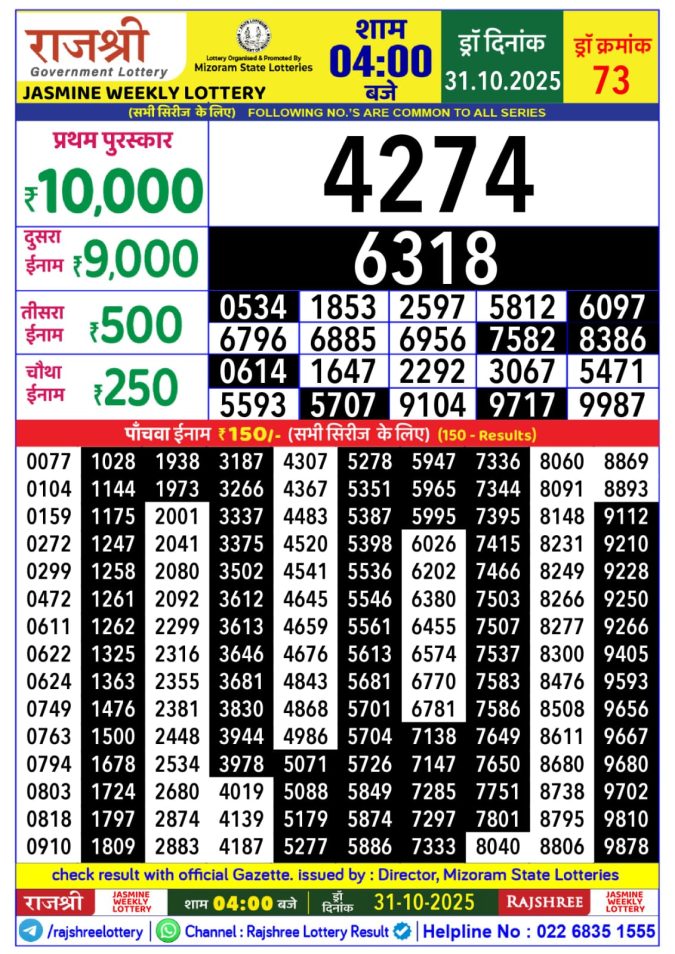 Rajshree jasmine Weekly Lottery 4pm Result 31.10.2025