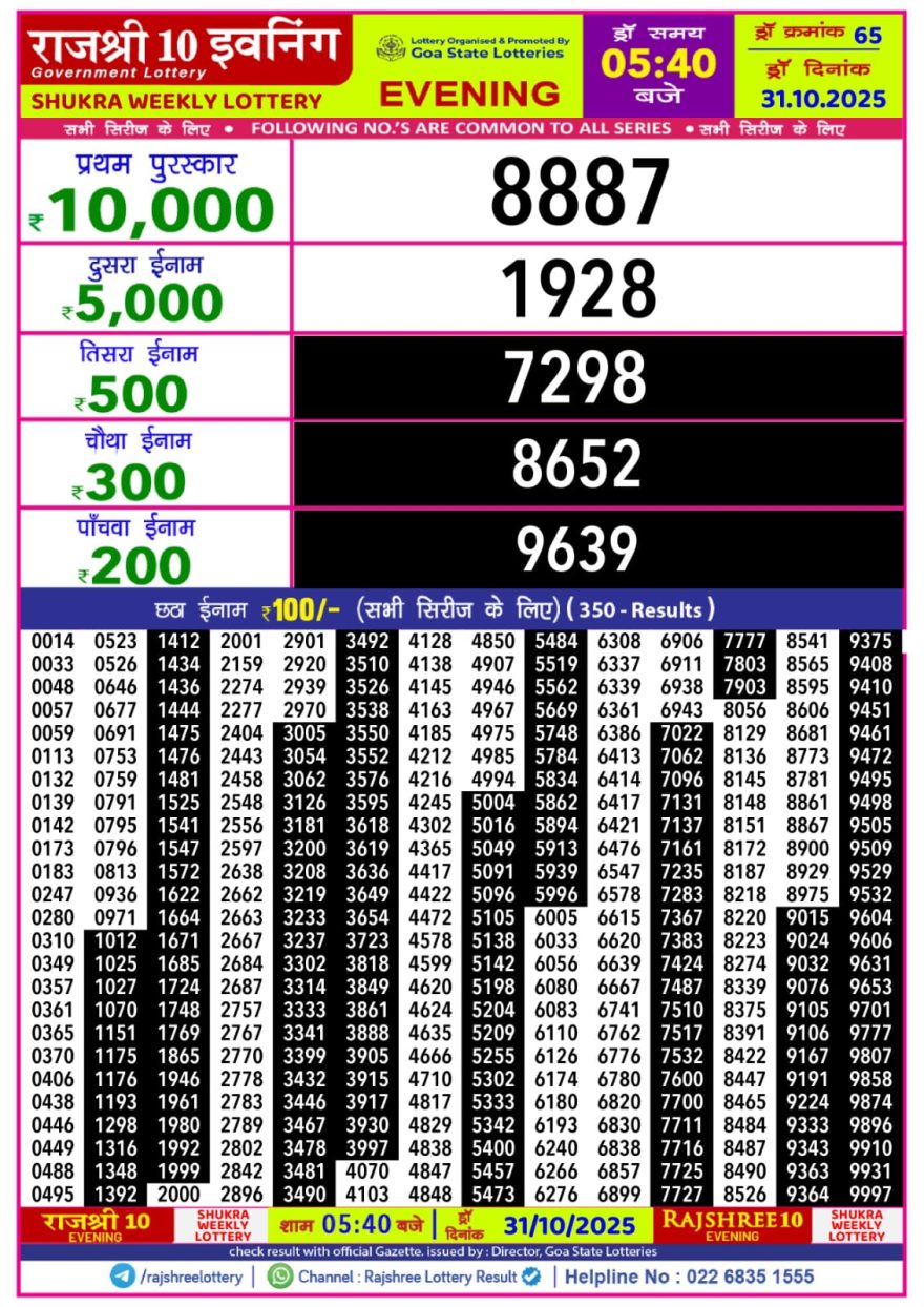 Rajshree 10 Evening Friday 5:40pm Result 31.10.2025