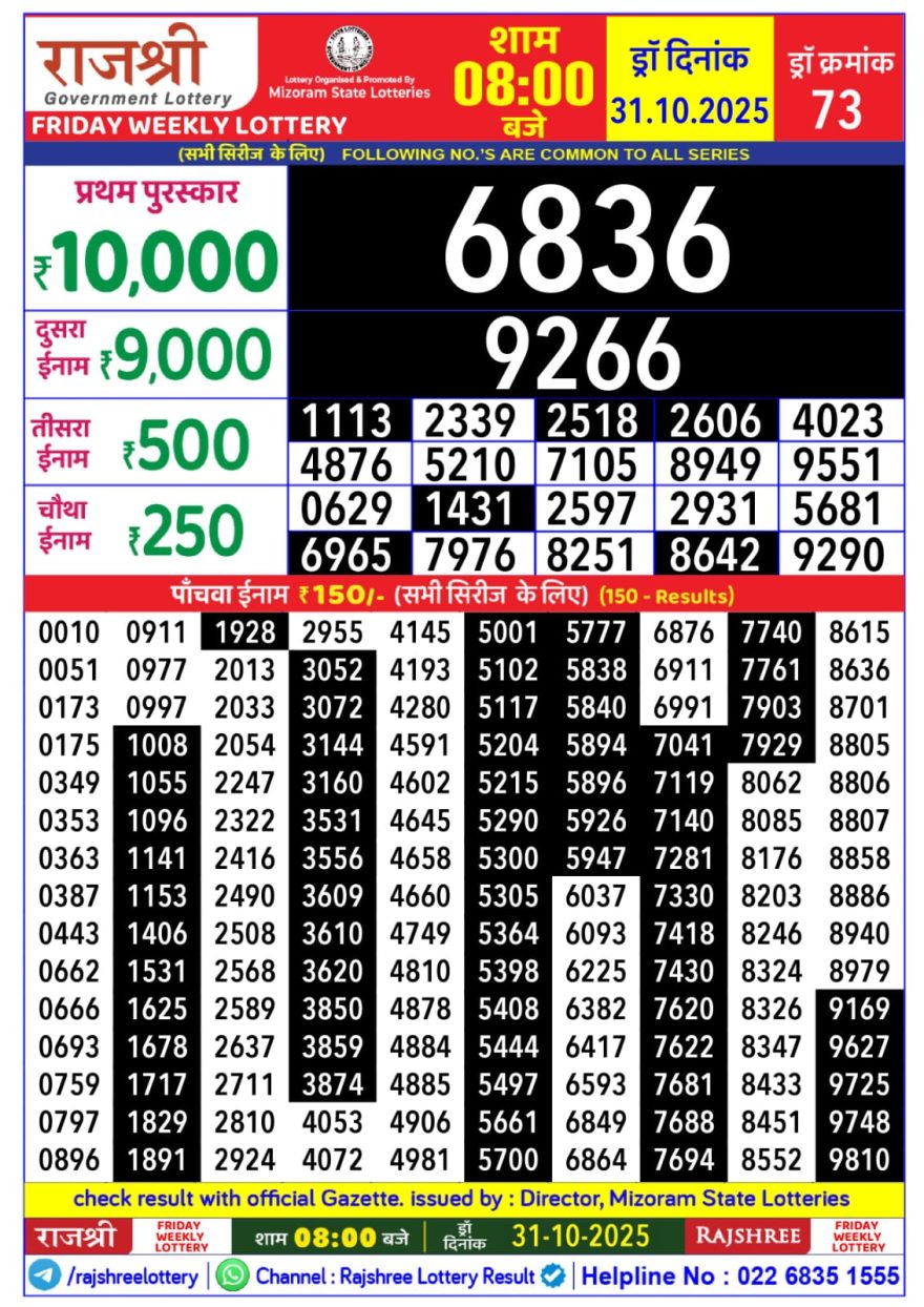 Rajshree Weekly Lottery 8pm Result 31.10.2025