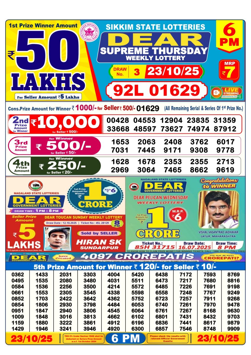 Dear Supreme Thursday Weekly 6pm Result 23.10.2025