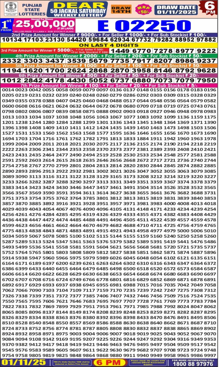 Punjab State Dear 50 6pm Lottery Result 01.11.2025