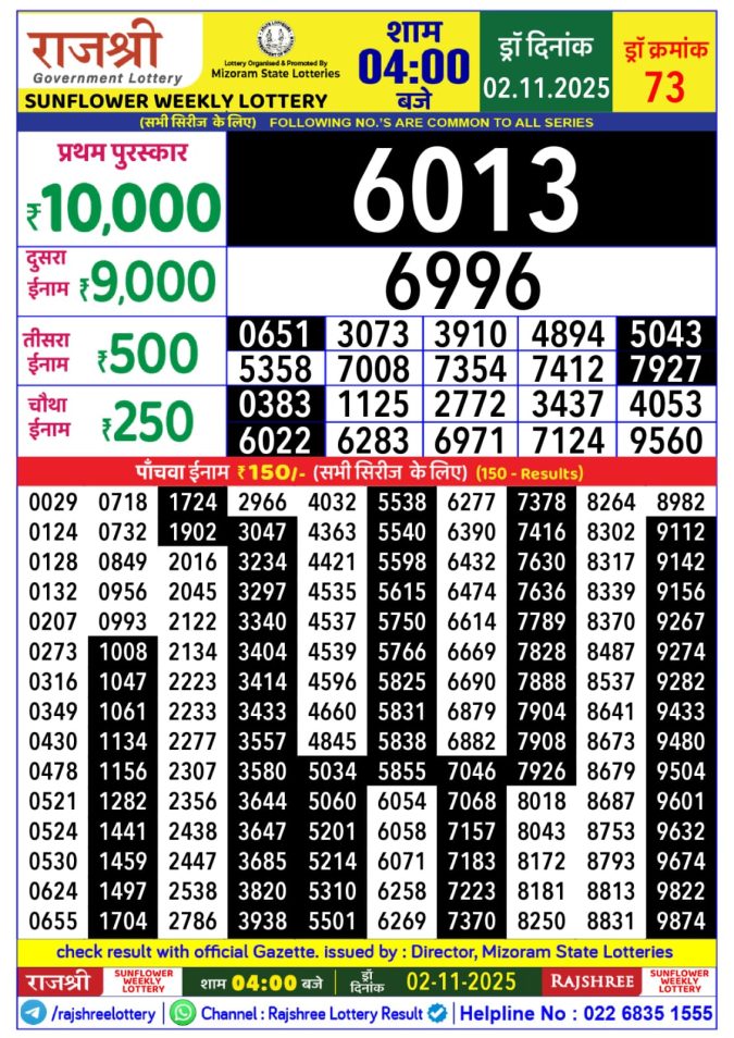 Rajshree Sunflower Sunday Weekly Lottery 4pm Result 02.11.2025