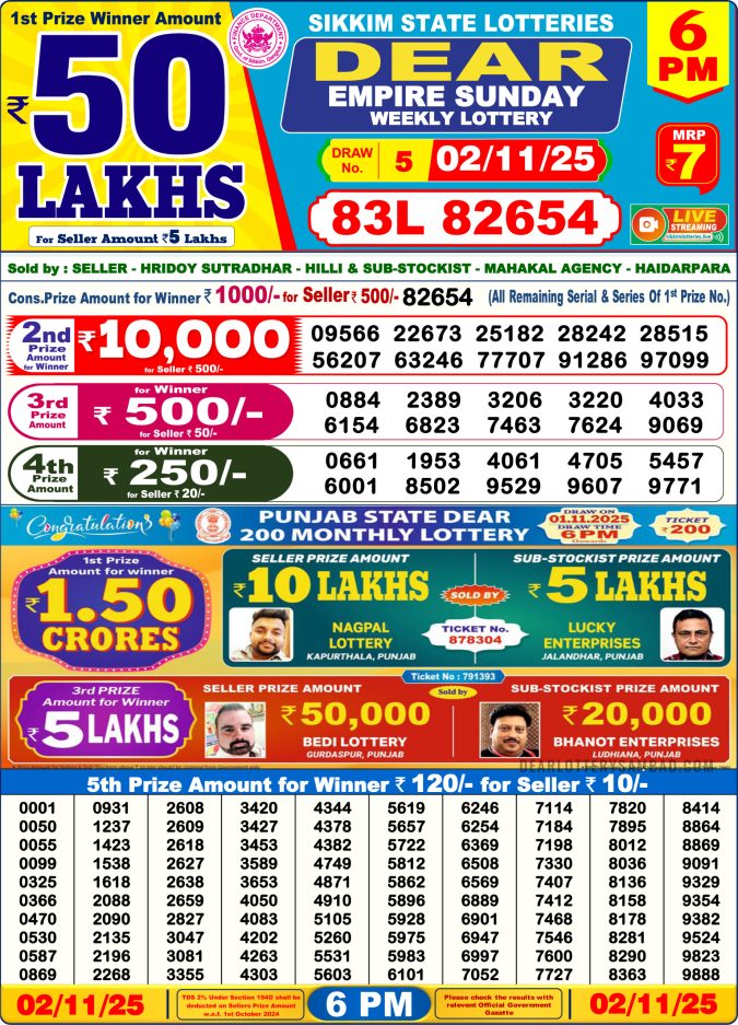 Dear Empire Sunday Weekly 6pm Result 02.11.2025