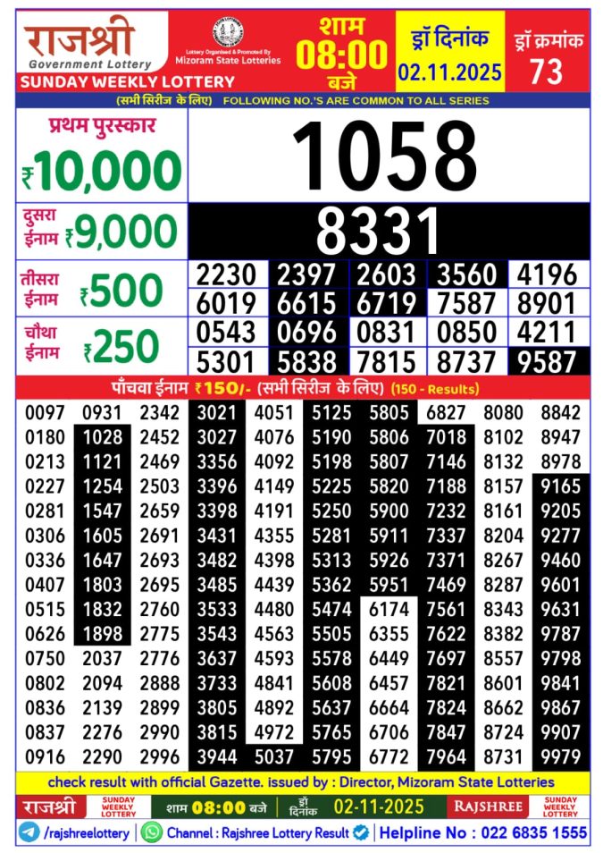Rajshree Weekly Lottery 8pm Result 02.11.2025