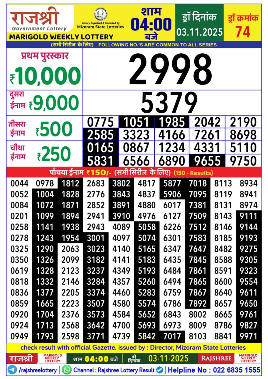 Rajshree Marigold Monday Weekly Lottery 4pm Result 03.11.2025