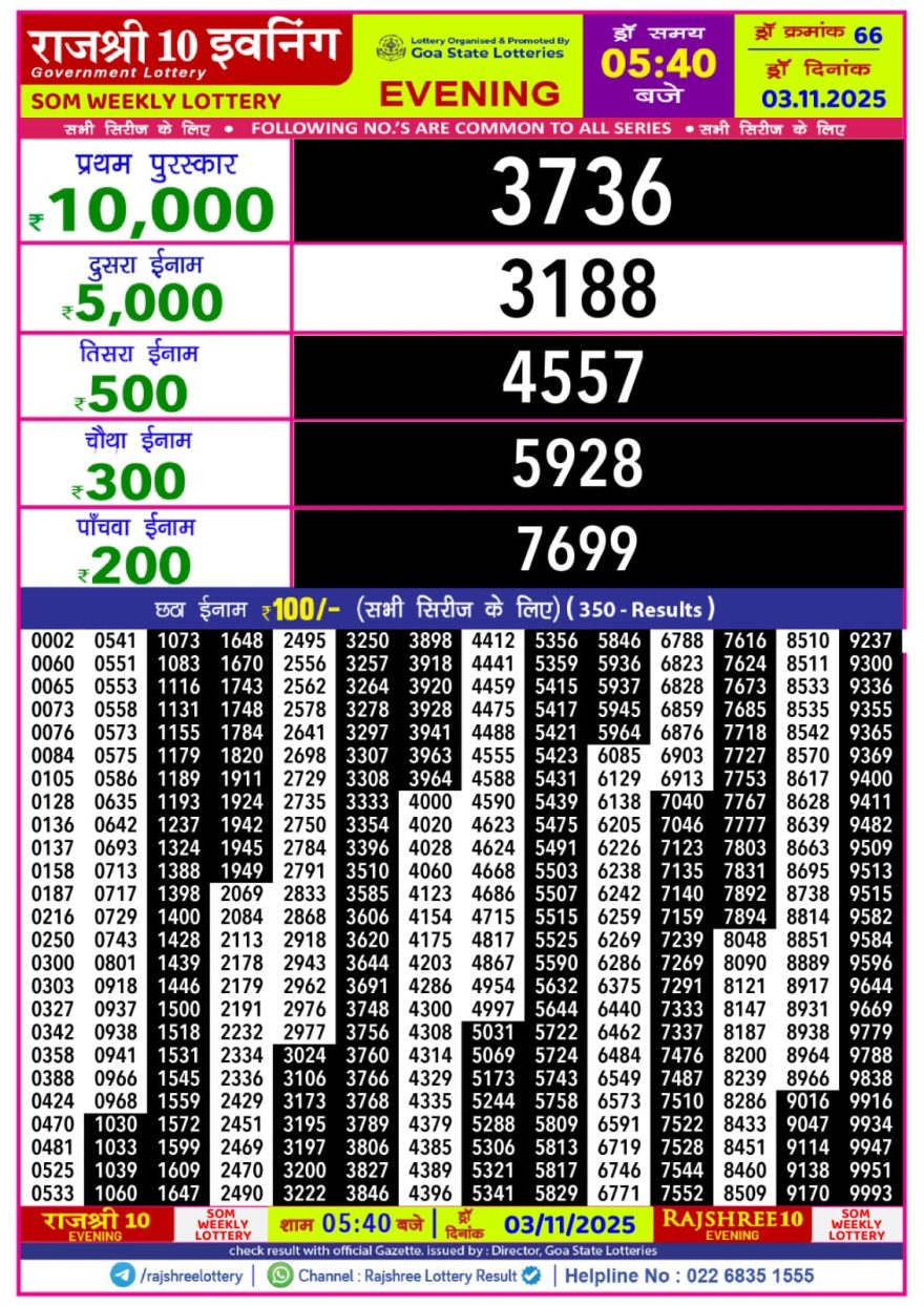 Rajshree 10 Evening Monday 5:40pm Result 03.11.2025