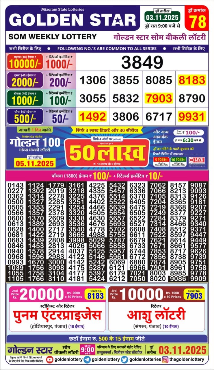 Golden Star Weekly Lottery Result 9pm 03.11.2025