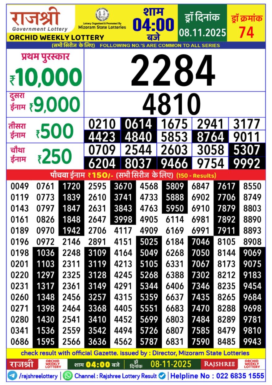 Rajshree Orchid Saturday Weekly Lottery 4pm Result 08.11.2025