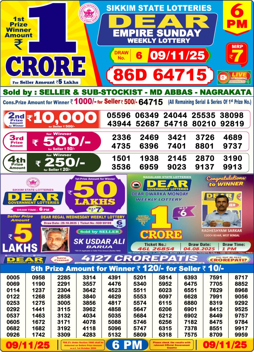 Dear Empire Sunday Weekly 6pm Result 09.11.2025