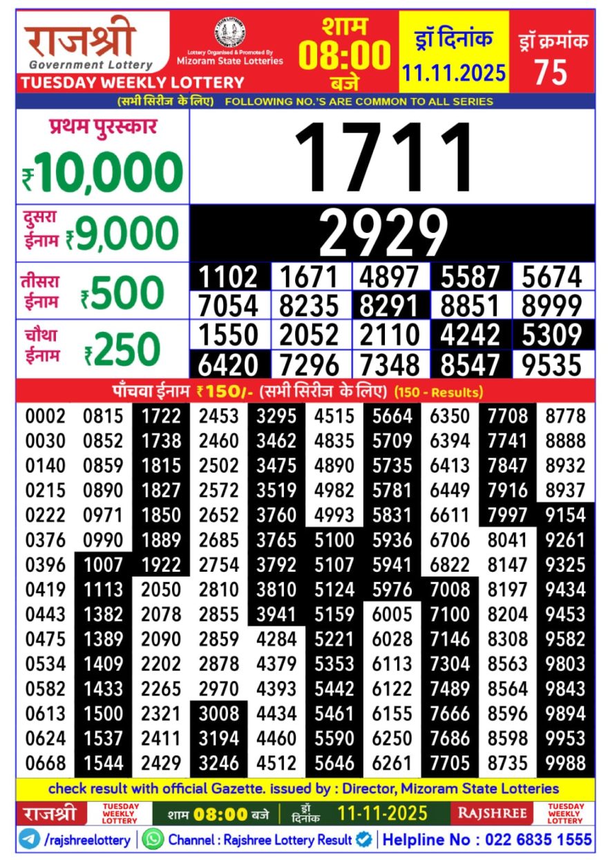 Rajshree Weekly Lottery 8pm Result 11.11.2025