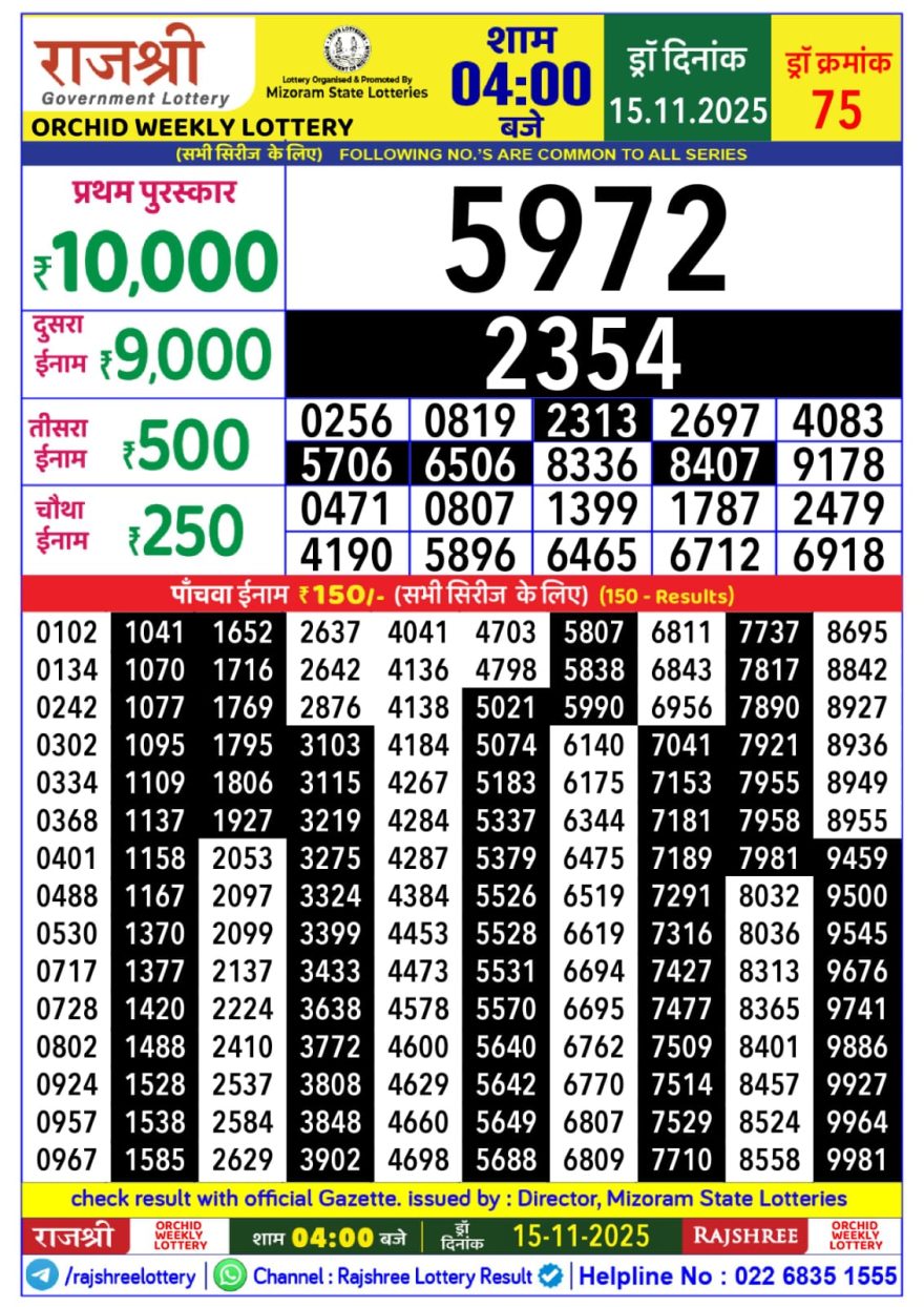 Rajshree Orchid Saturday Weekly Lottery 4pm Result 15.11.2025