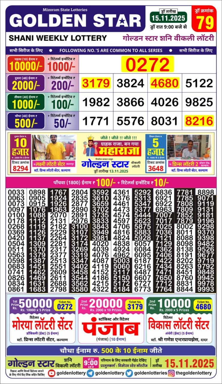Golden Star Weekly Lottery Result 9pm 15.11.2025
