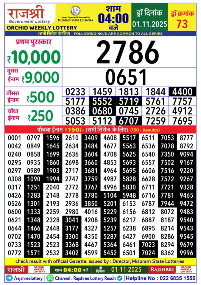 Rajshree Orchid Saturday Weekly Lottery 4pm Result 01.11.2025