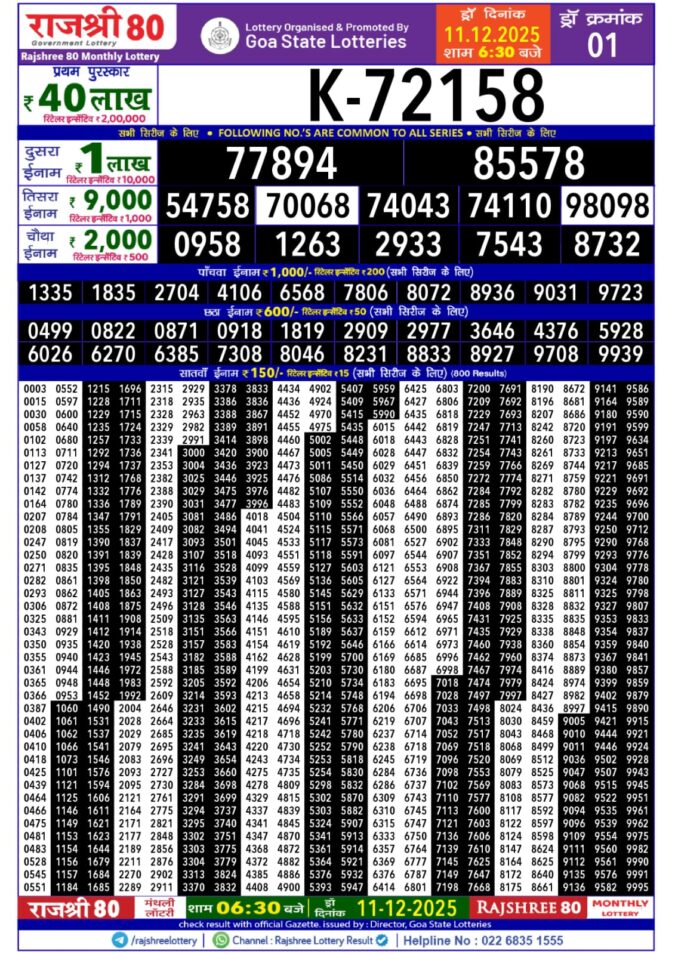 Rajshree 80 Monthly Thursday 6:30pm Result 11.12.2025