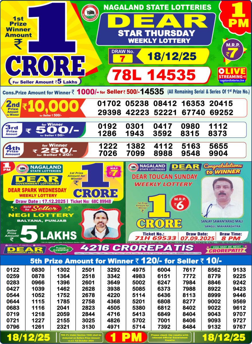 Dear Star Thursday Weekly 1pm Result 18.12.2025