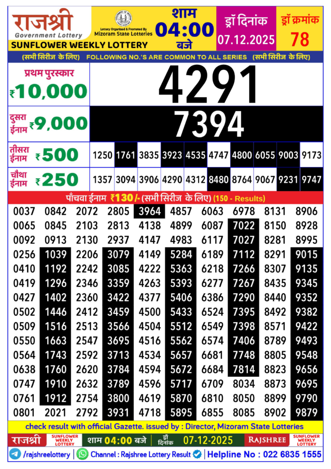Rajshree Sunflower Sunday Weekly Lottery 4pm Result 07.12.2025