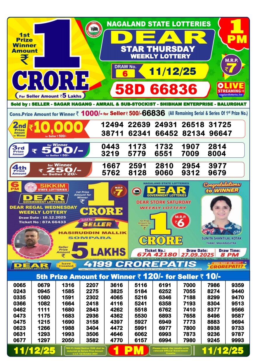 Dear Star Thursday Weekly 1pm Result 11.12.2025