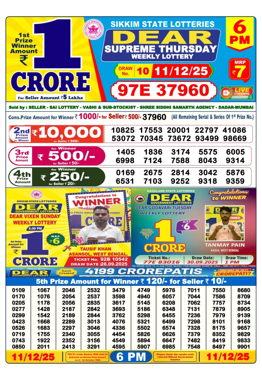 Dear Supreme Thursday Weekly 6pm Result 11.12.2025