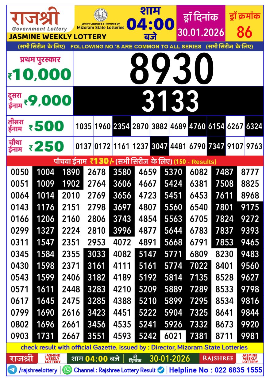 Rajshree jasmine Weekly Lottery 4pm Result 30.01.2026