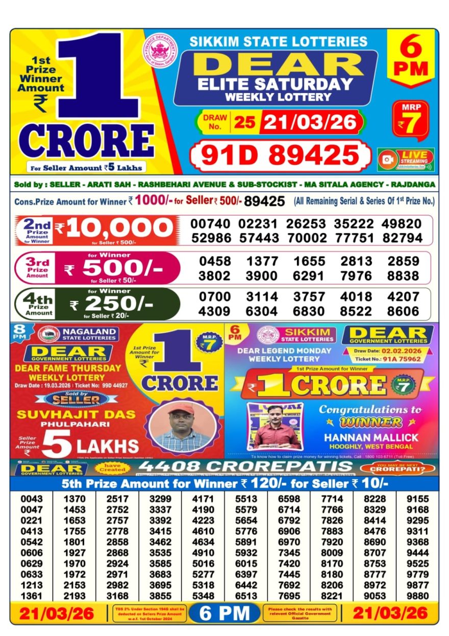 Dear Elite Saturday Weekly 6pm Result 21.03.2026