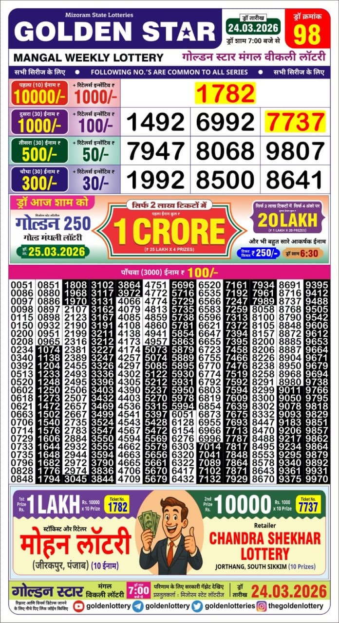 Golden Star Weekly Lottery Result 7pm 24.03.2026