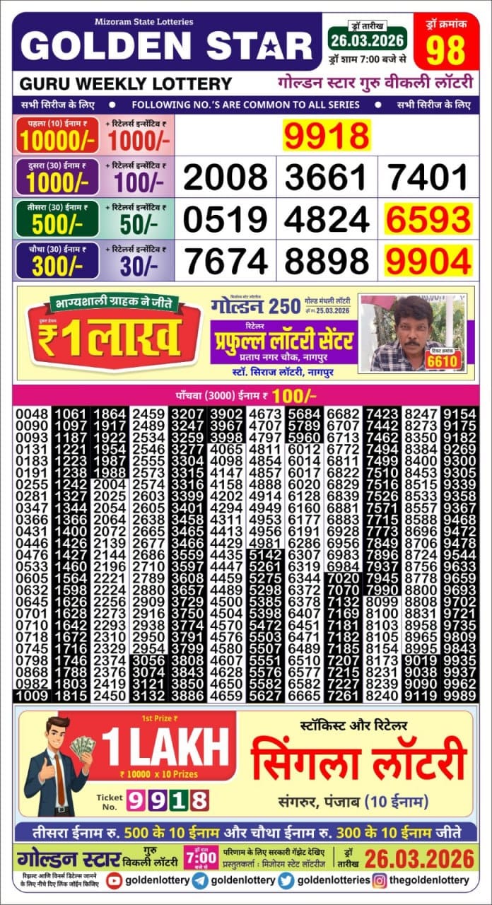 Golden Star Weekly Lottery Result 7pm 26.03.2026