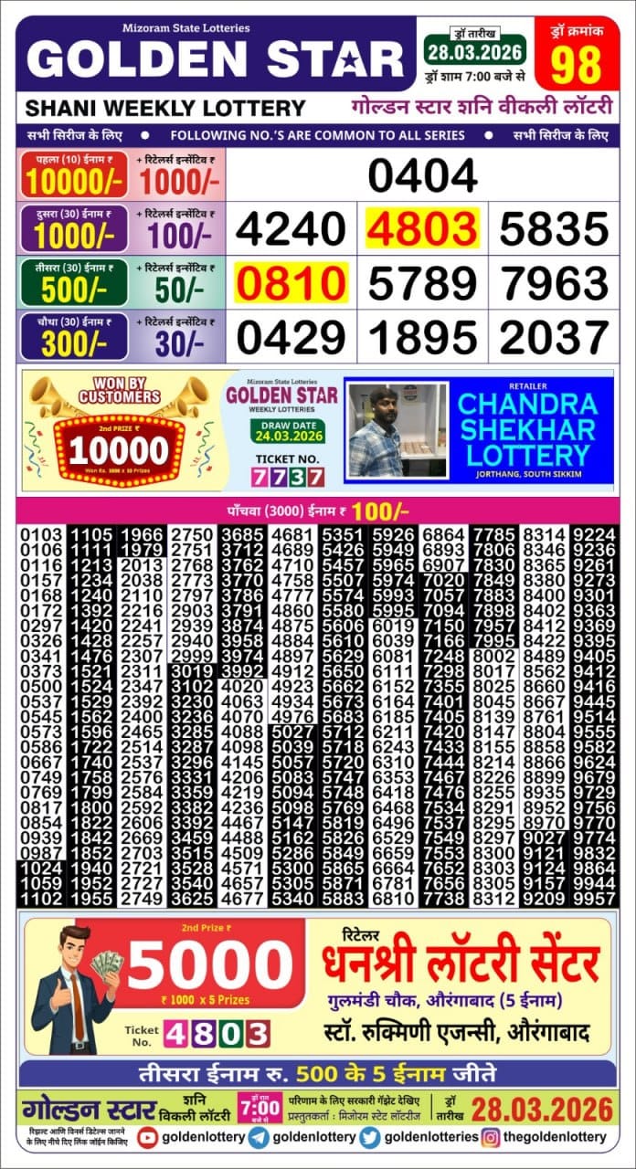 Golden Star Weekly Lottery Result 7pm 28.03.2026