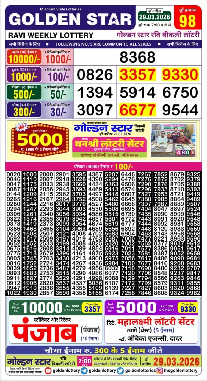 Golden Star Weekly Lottery Result 7pm 29.03.2026