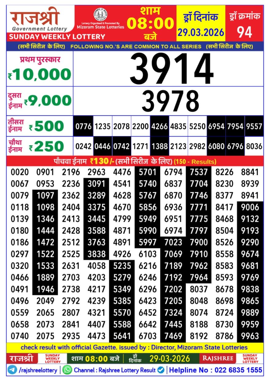 Rajshree Weekly Lottery 8pm Result 29.03.2026