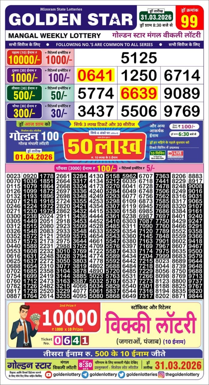Golden Star Weekly Lottery Result 8:30pm 31.03.2026