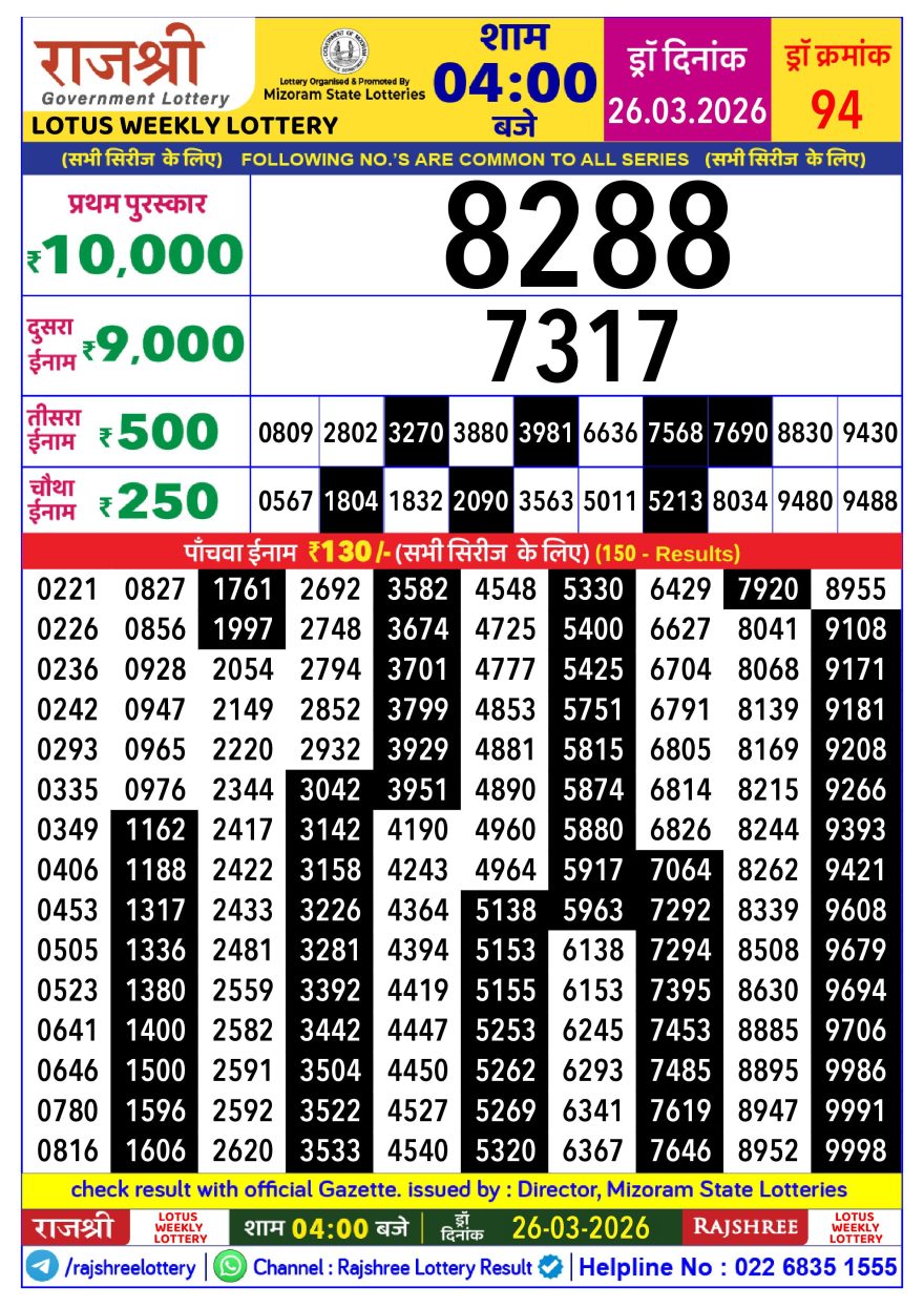 Rajshree Lotus Weekly Lottery 4pm Result 26.03.2026