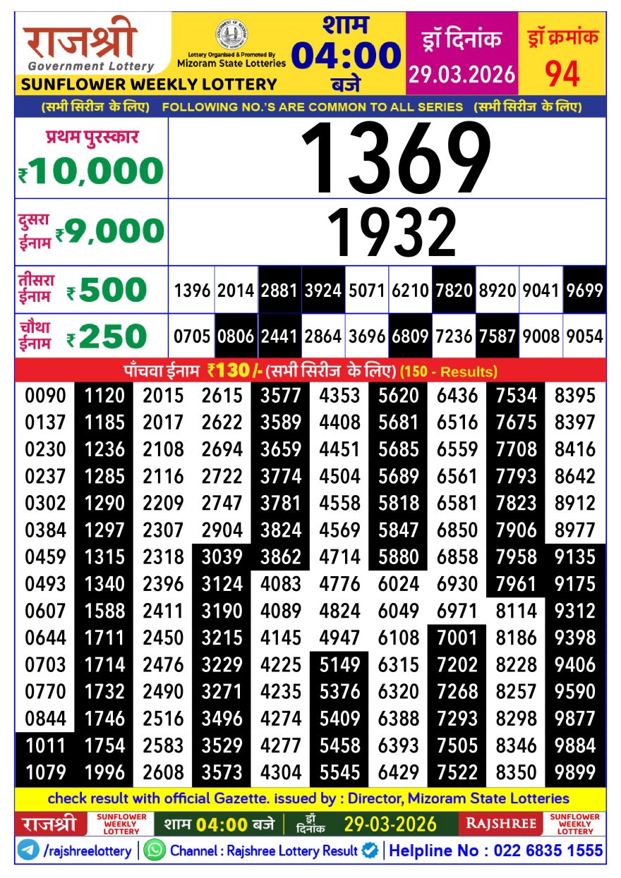 Rajshree Sunflower Sunday Weekly Lottery 4pm Result 29.03.2026