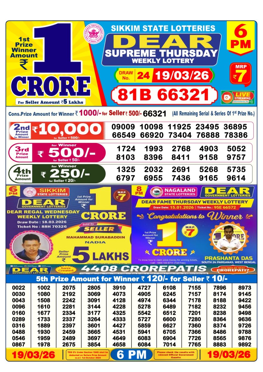 Dear Supreme Thursday Weekly 6pm Result 19.03.2026