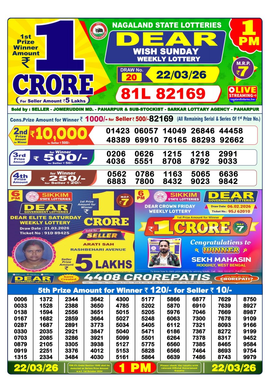 Dear Wish Sunday Weekly 1pm Result 22.03.2026