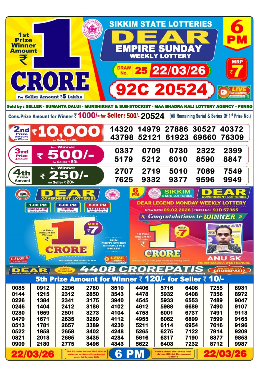 Dear Empire Sunday Weekly 6pm Result 22.03.2026