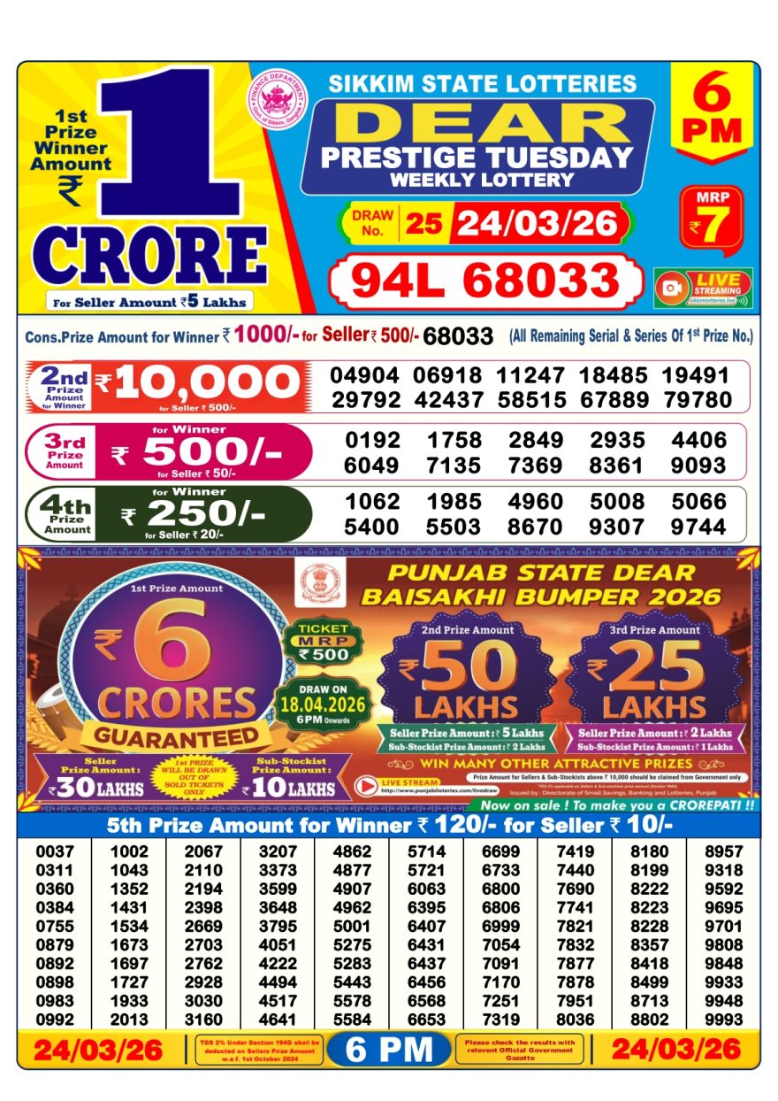 Dear Prestige Tuesday Weekly 6pm Result 24.03.2026