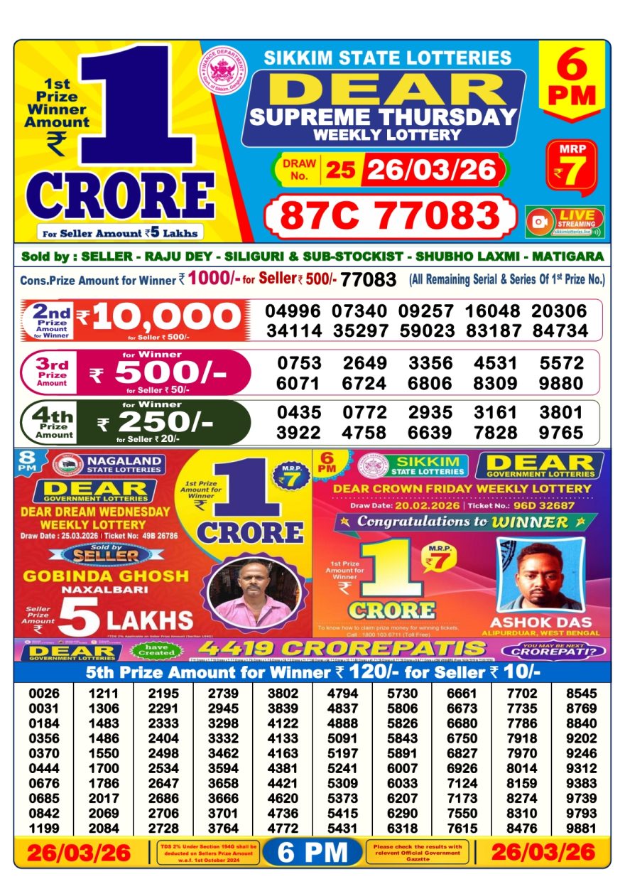 Dear Supreme Thursday Weekly 6pm Result 26.03.2026