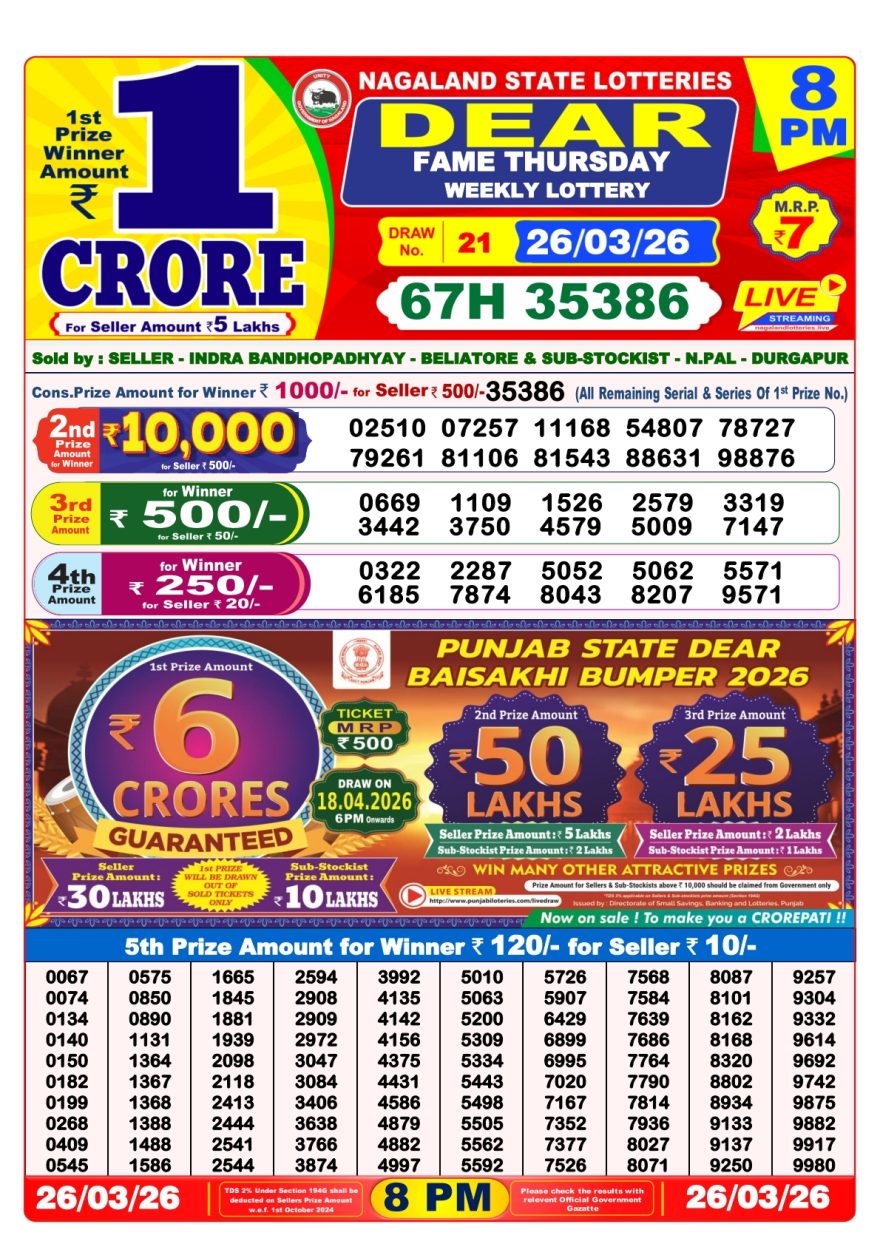 Dear Fame Thursday Weekly Lottery 8pm Result 26.03.2026