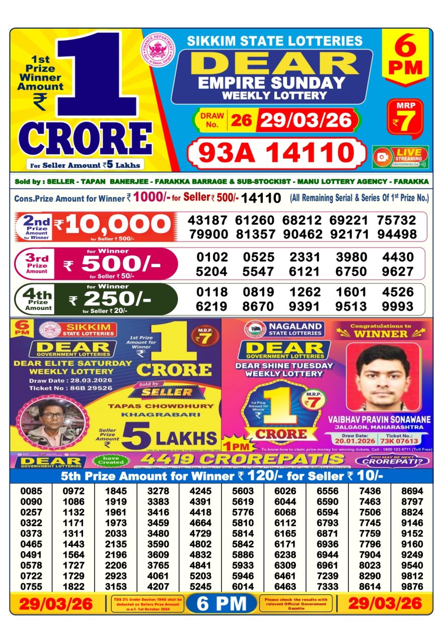 Dear Empire Sunday Weekly 6pm Result 29.03.2026
